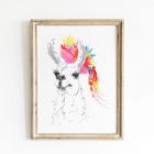 Tableau d'un lama dessiné au crayon dans un cadre doré