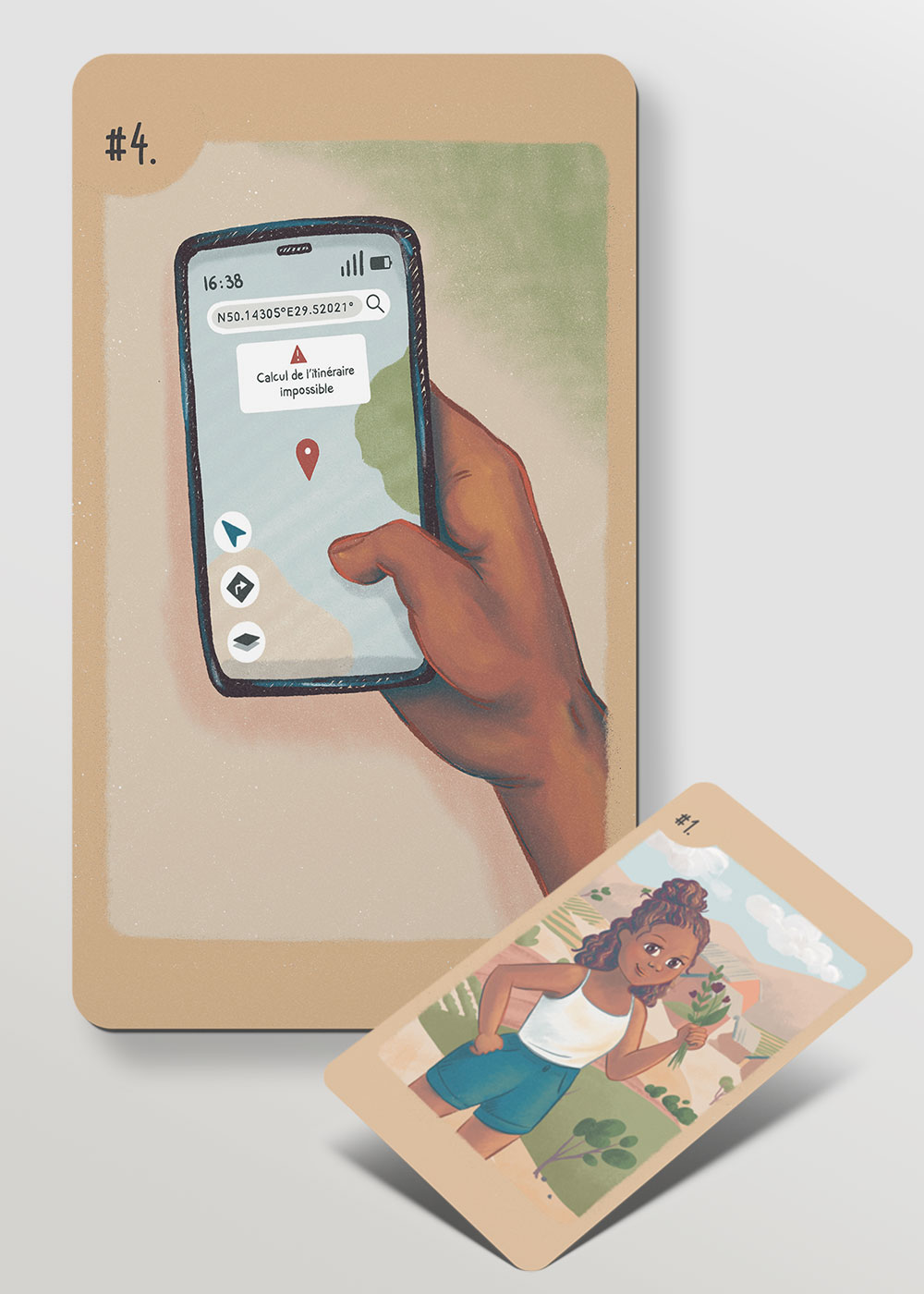 Mockup des cartes personnages illustrées pour un jeu de société